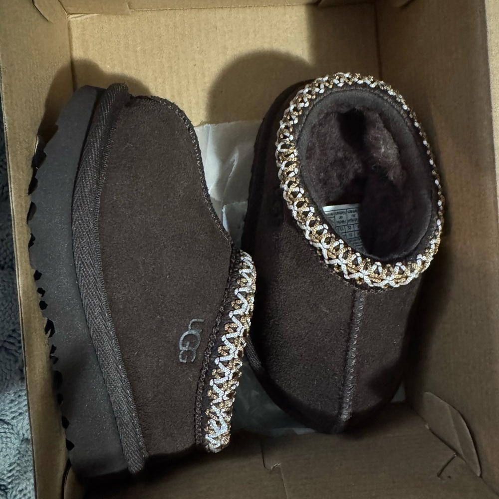 UGG Dark Brown Suede Slippers with Knit Trim